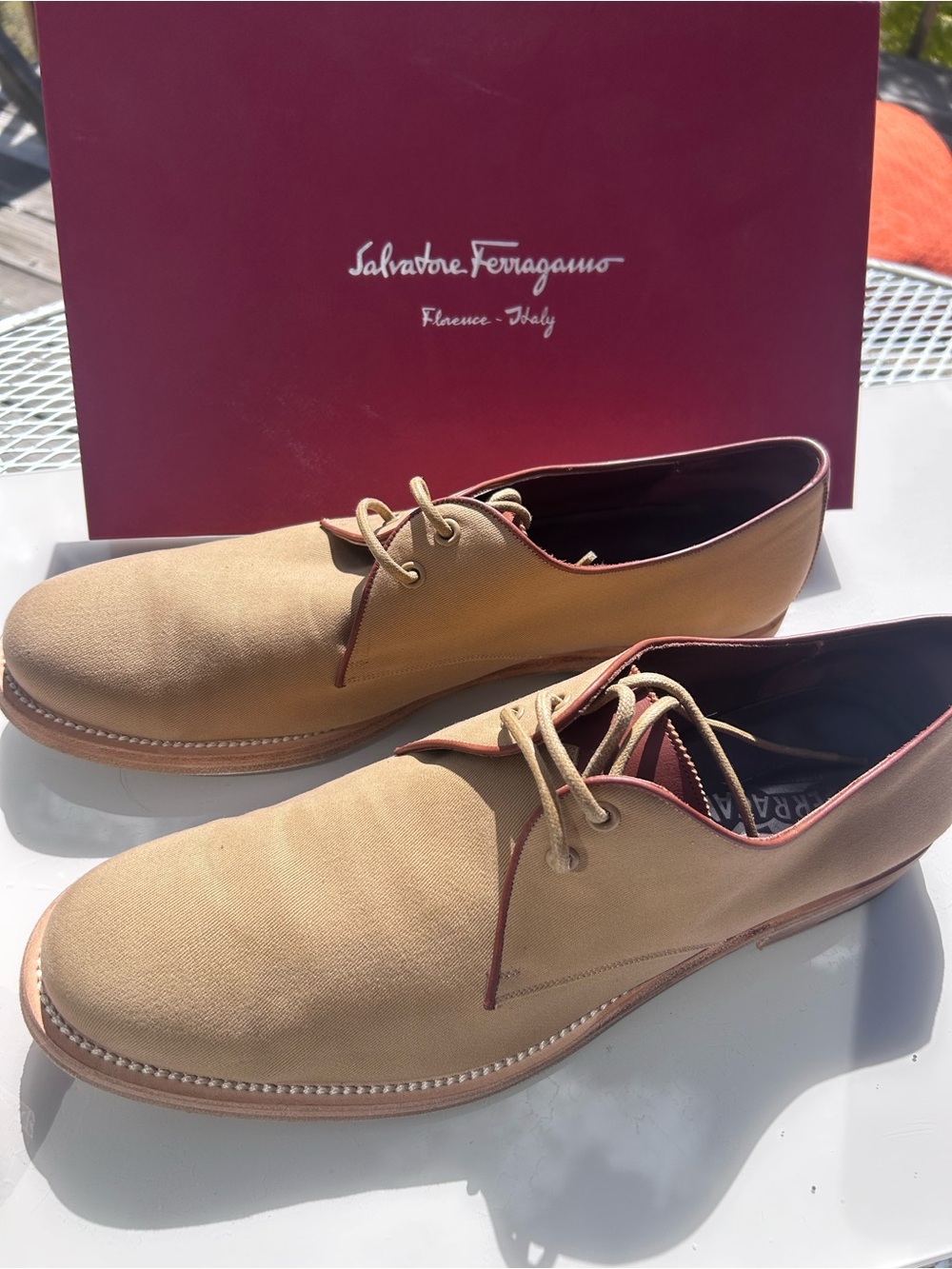 Salvatore Ferragamo Men’s Beige Canvas Derby shoes MENS size 12 D. Like New